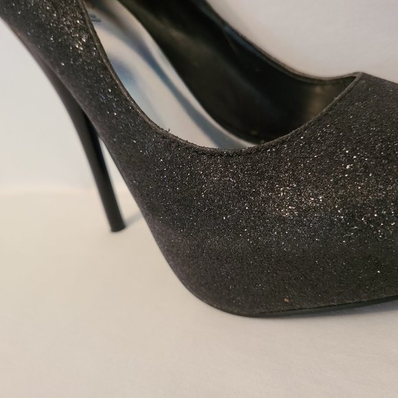 Fusion Peep Toe Black Glittery 5 inch Heels - Picture 2 of 4